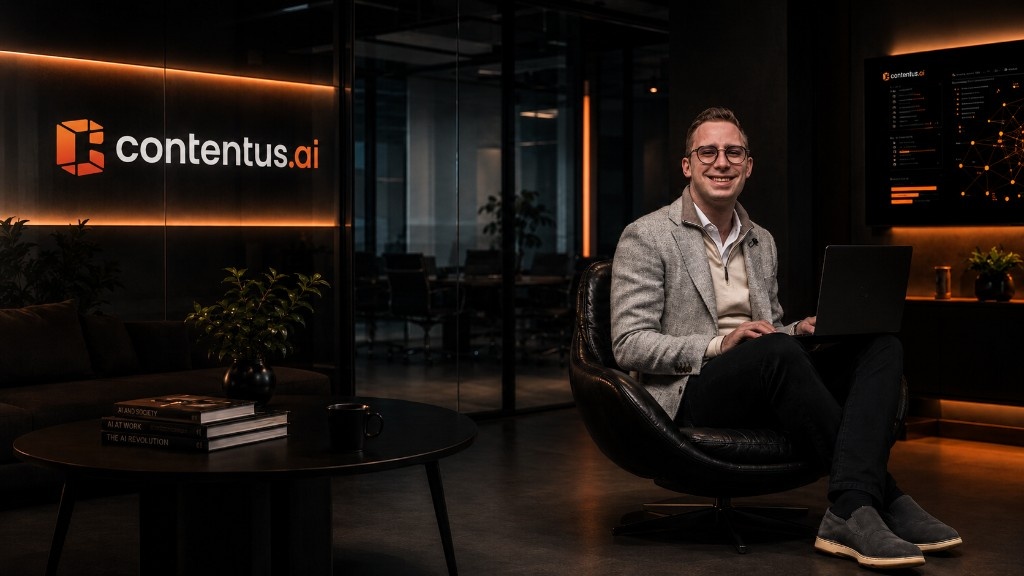Founder of Contentus.ai in a modern office setting